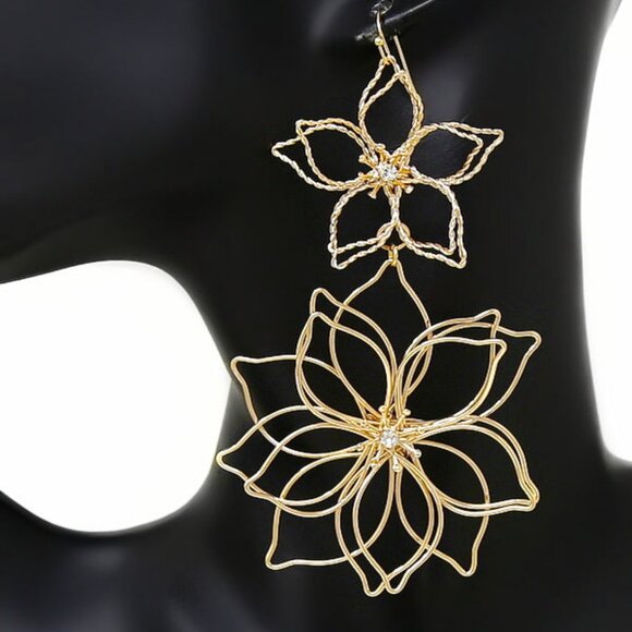 ZARA NEW Double Flower Gold Dipped Rhinestone Accent Wired Dangle Earrings - Picture 3 of 7